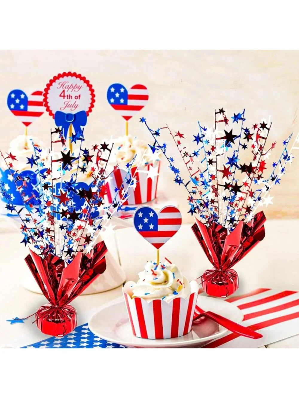 6 Pack Patriotic Table Centerpiece Decorations - Metallic Star Burst for 4th of